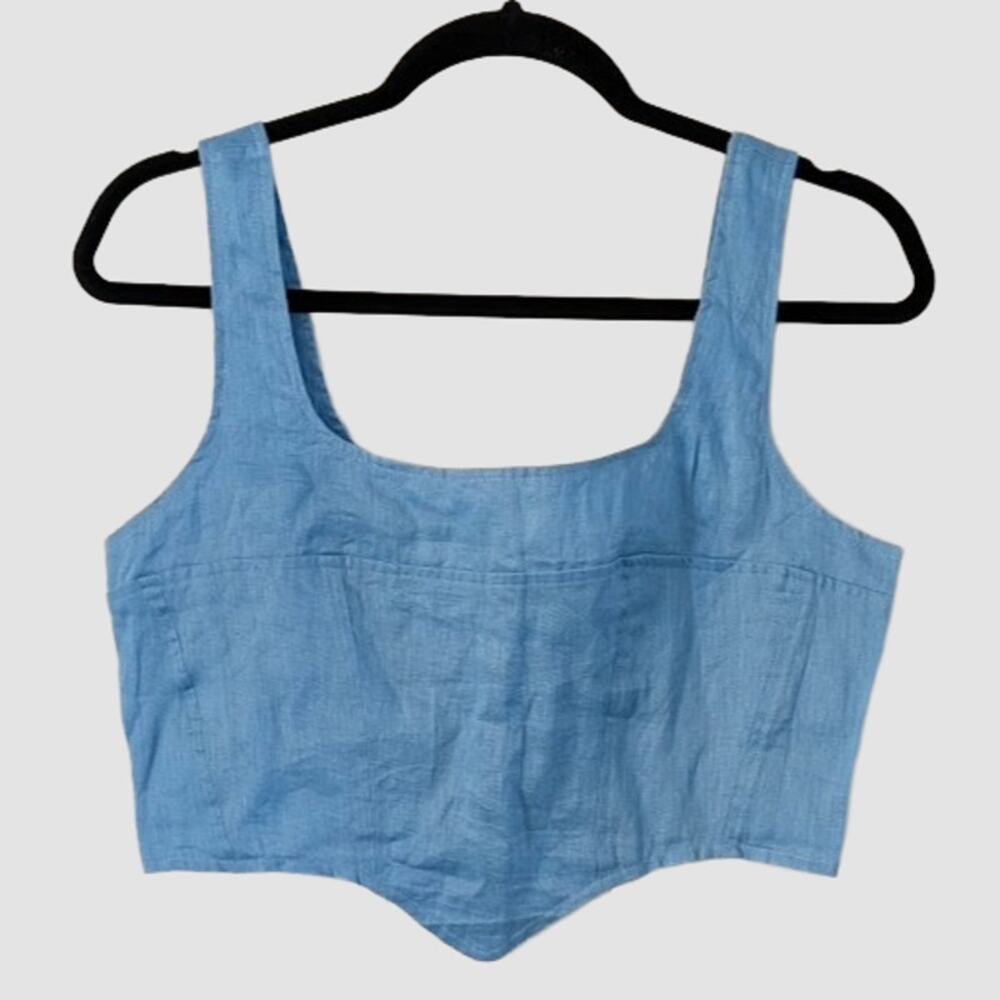 NWT Olivaceous 100% Linen Corset Crop Top Blue Bustier Size L Coastal